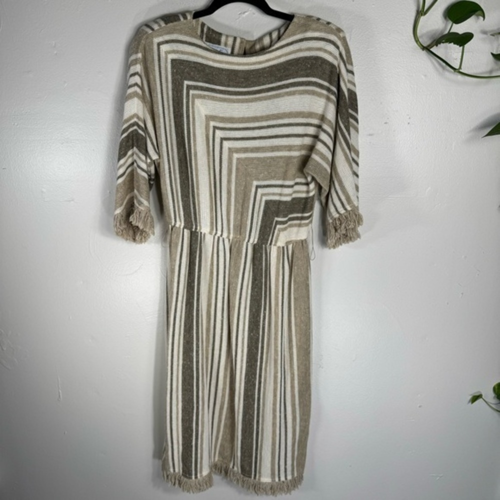 Leslie Fay vintage union maid wool midi dress stripe tan beige fringe medium